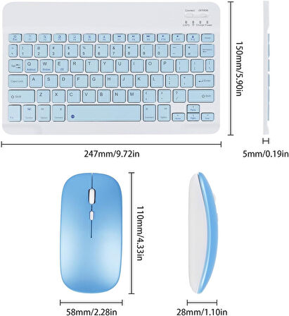 Technow IPad Tüm Tabletler  Laptop Uyumlu Bluetooth/Usb Bağlantılı Klavye+Mouse Set Mavi