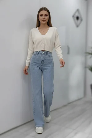 Nova Kadın Yüksek Bel Kar Yıkama Salaş Jeans Wide Leg Geniş Paça Palazzo Kot Pantolon