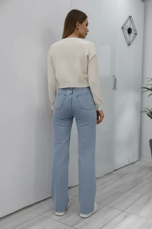 Nova Kadın Yüksek Bel Kar Yıkama Salaş Jeans Wide Leg Geniş Paça Palazzo Kot Pantolon