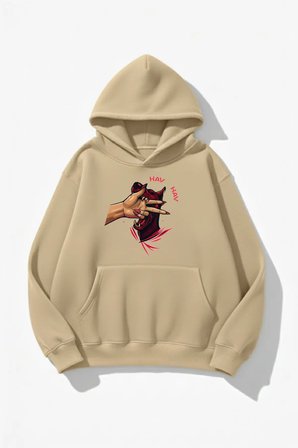 Unisex Yumuşak Dokulu HAV HAV Baskılı Tasarım Oversize 3 İplik Hoodie Sweatshirt