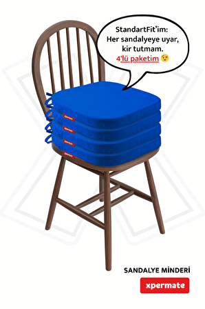 XPERMATE 4'lü StandartFit Oval Sandalye Minderi Fermuarlı Yıkanabilir Kılıf Bağcıklı Su ve Yağ İtici 42x42x5 Mavi