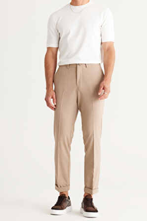 Erkek Bej Slim Fit Dar Kesim Beli Lastikli Esnek Pantolon