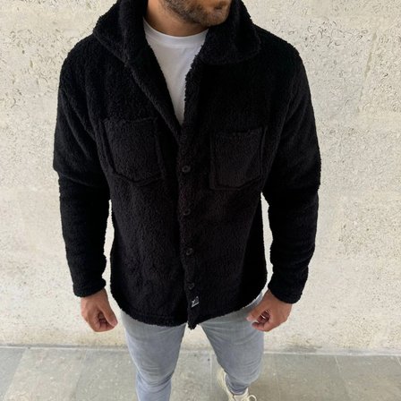 Erkek Pelüş Polar Hırka Gömlek – Yakalı, İlik Düğmeli, Göğüs Cepli, Yumuşak Dokulu Kışlık Regular Fit Rahat Günlük Model - Siyah