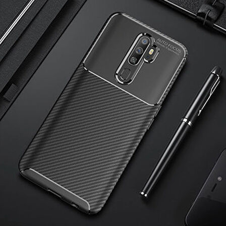 Oppo A9 2020 Kılıf Karbon Desenli Esnek Yüksek Kaliteli Meteryalden Üretilmiş Silikon Kapak RYC/Negro