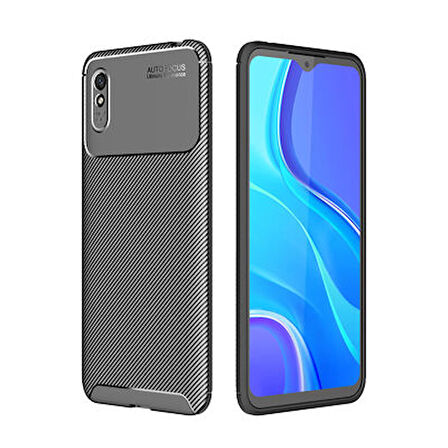 Redmi 9A Kılıf Karbon Desenli Esnek Yüksek Kaliteli Meteryalden Üretilmiş Silikon Kapak RYC/Negro