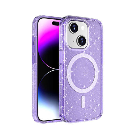 iPhone 15 Kılıf Magsafe Destekli ve Renkli Simli Sert Şeffaf TPU Silikon Kapak Royal Case/Allstar