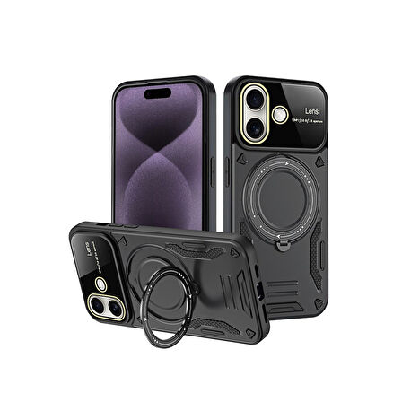 iPhone 16 Kılıf Manyetik Standlı Joy Lens Premium Tank Silikon Kapak - Siyah