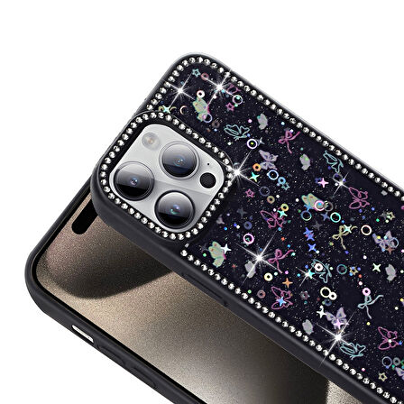 iPhone 14 Kılıf Mini Desenli Taşlı ve Simli Sert Premium Siikon Kapak Royal Case/Azra