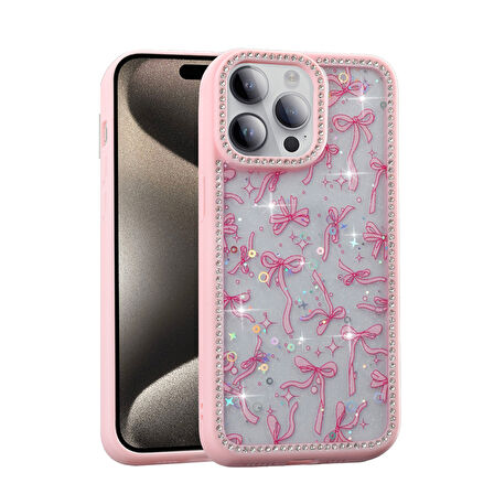 iPhone 14 Pro Kılıf Mini Desenli Taşlı ve Simli Sert Premium Siikon Kapak Royal Case/Azra