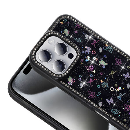 iPhone 14 Pro Kılıf Mini Desenli Taşlı ve Simli Sert Premium Siikon Kapak Royal Case/Azra