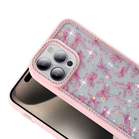 iPhone 15 Pro Max Kılıf Mini Desenli Taşlı ve Simli Sert Premium Siikon Kapak Royal Case/Azra