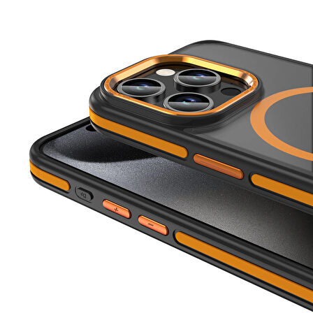 iPhone 15 Pro Max Kılıf Turuncu Şeritli Magsafe Özellikli Şık Azure Premium Kapak