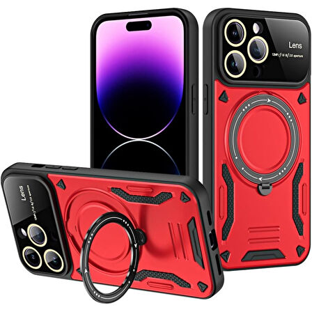 iPhone 16 Pro Kılıf Manyetik Standlı Joy Lens Premium Tank Silikon Kapak - Kırmızı