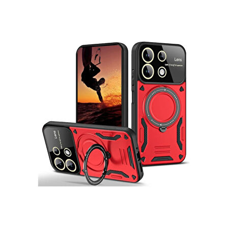 Redmi 13 4G Kılıf Manyetik Standlı Joy Lens Premium Tank Silikon Kapak - Kırmızı