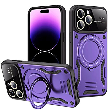 iPhone 16 Pro Kılıf Manyetik Standlı Joy Lens Premium Tank Silikon Kapak - Mor