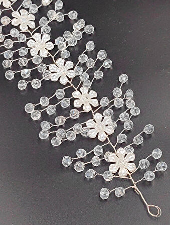 Boncuklu, Çiçekli Kristal Gelin Tacı Saç Ve Türban Aksesuarı