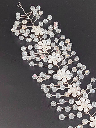 Boncuklu, Çiçekli Kristal Gelin Tacı Saç Ve Türban Aksesuarı