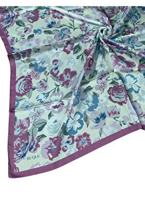 Buqle Jan Jan Çiçek Desenli Saten Eşarp - 100x100 cm