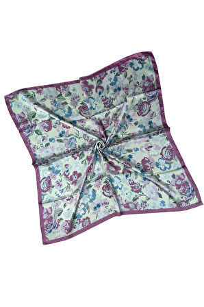 Buqle Jan Jan Çiçek Desenli Saten Eşarp - 100x100 cm