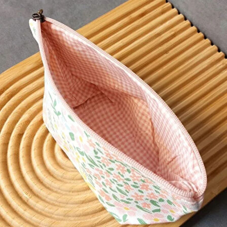 Uretti - Gamze 9546 - 8186 El Yapımı Keten Makyaj Çantası - Pembe