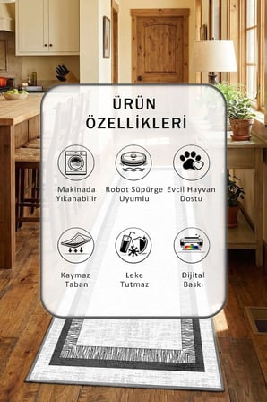 Gri Mutfak Halısı Yıkanabilir Kaymaz Leke Tutmaz Dijital Baskı