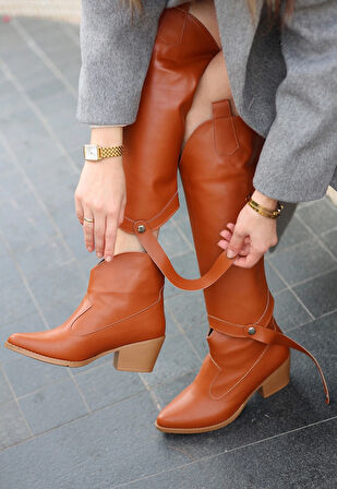 BİÇOMİ Milla Taba Cilt Tak Çıkar Topuklu Bot Ve Çizme