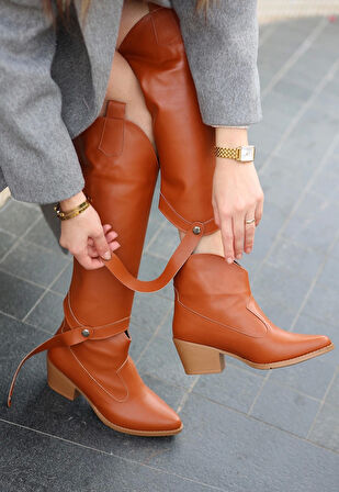 BİÇOMİ Milla Taba Cilt Tak Çıkar Topuklu Bot Ve Çizme