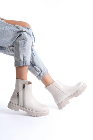 BİÇOMİ Menta Bej Cilt Fermuar Aksesuarlı Bot