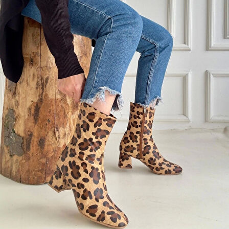 BİÇOMİ Birta Leopar Cilt Streç Topuklu Bot