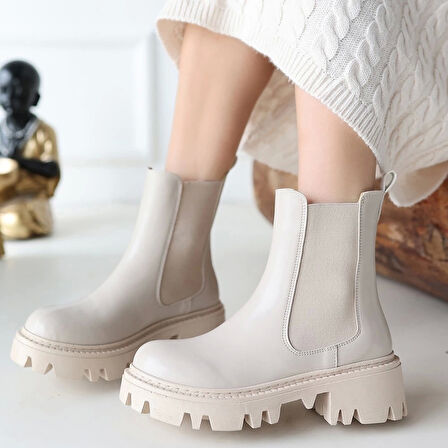 BİÇOMİ Ninle Bej Cilt Topuklu Bot