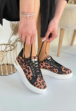 BİÇOMİ Kity Leopar Saten Bağcıklı Spor Ayakkabı