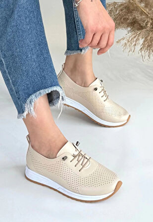 BİÇOMİ Tone Bej Cilt Bağcıklı Spor Ayakkabı