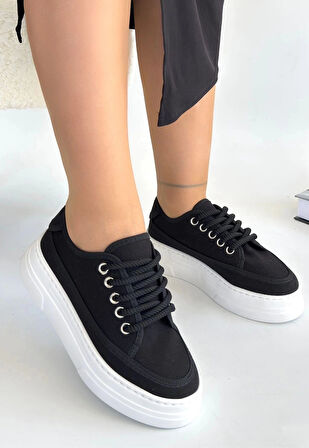 BİÇOMİ Carin Siyah Keten Bağcıklı Spor Ayakkabı