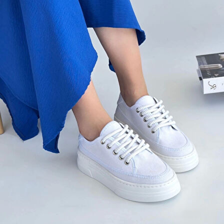 BİÇOMİ Carin Beyaz Keten Bağcıklı Spor Ayakkabı