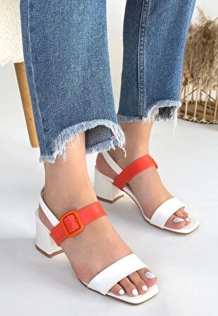 BİÇOMİ Year Beyaz Cilt Turuncu Detaylı Beyaz Topuklu Ayakkabı