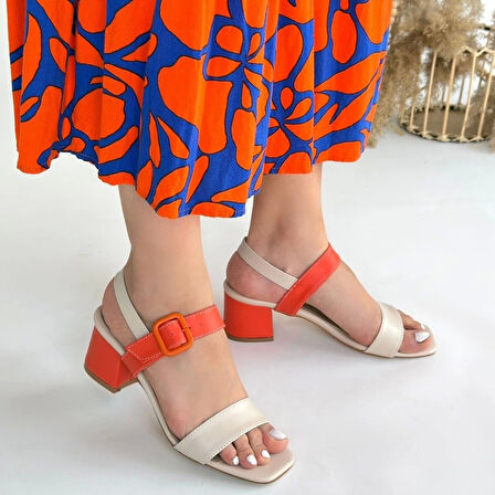 BİÇOMİ Year Bej Cilt Turuncu Detaylı Turuncu Topuklu Topuklu Ayakkabı