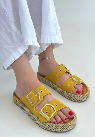 BİÇOMİ Loera Sarı Nubuk Çift Tokalı Terlik