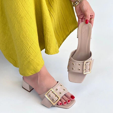 BİÇOMİ Ciey Bej Cilt Topuklu Terlik