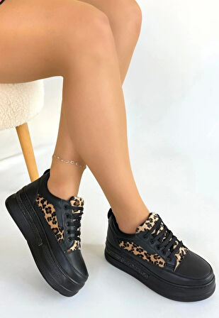 BİÇOMİ Lorrin Siyah Cilt Leopar Detaylı Bağcıklı Spor Ayakkabı
