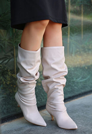 BİÇOMİ Zelya Bej Cilt Topuklu Çizme