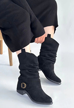 BİÇOMİ Canty Siyah Süet Körüklü Topuklu Çizme