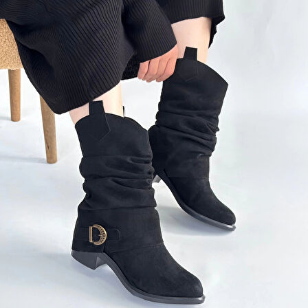 BİÇOMİ Canty Siyah Süet Körüklü Topuklu Çizme