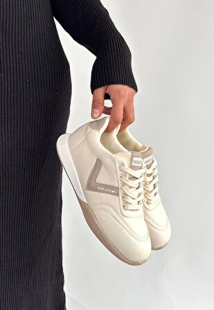 BİÇOMİ Jowen Bej Cilt Vizon Detaylı Bağcıklı Spor Ayakkabı