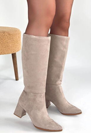 BİÇOMİ Roksa Bej Süet Topuklu Çizme