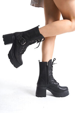 BİÇOMİ Linma Siyah Cilt Bağcıklı Topuklu Bot