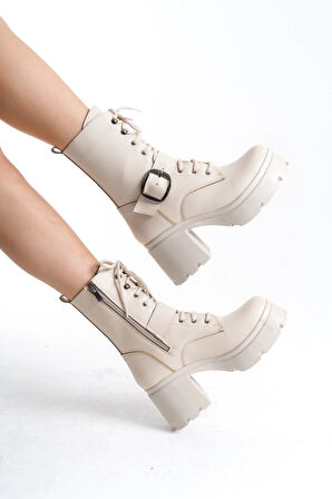 BİÇOMİ Linma Bej Cilt Bağcıklı Topuklu Bot