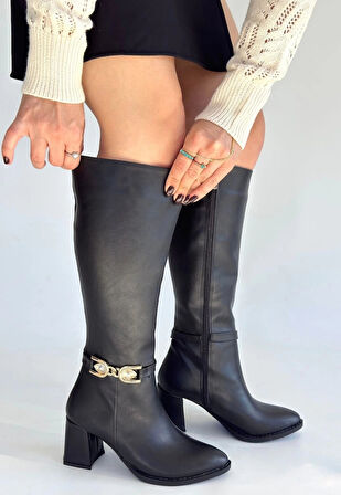 BİÇOMİ Mooni Siyah Cilt Topuklu Çizme