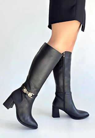BİÇOMİ Mooni Siyah Cilt Topuklu Çizme