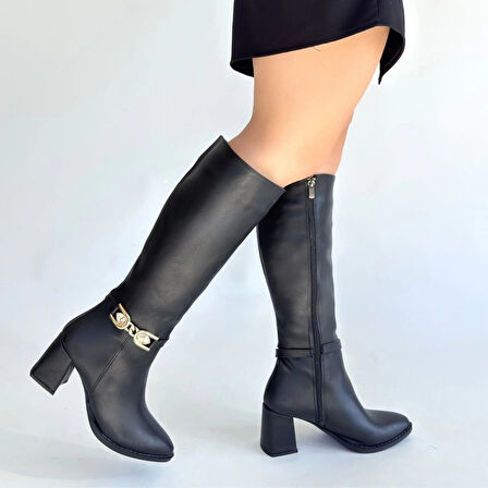 BİÇOMİ Mooni Siyah Cilt Topuklu Çizme