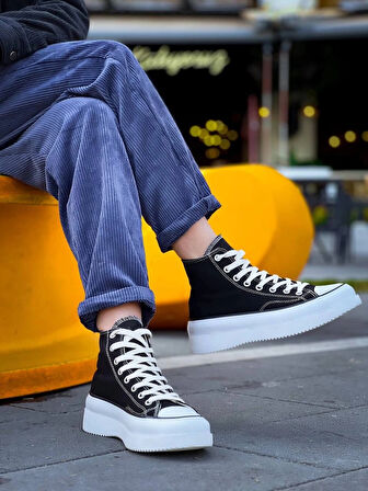 BİÇOMİ KB-CX-3 Kuback Uzun Siyah Keten Beyaz Yüksek Taban Spor Ayakkabı